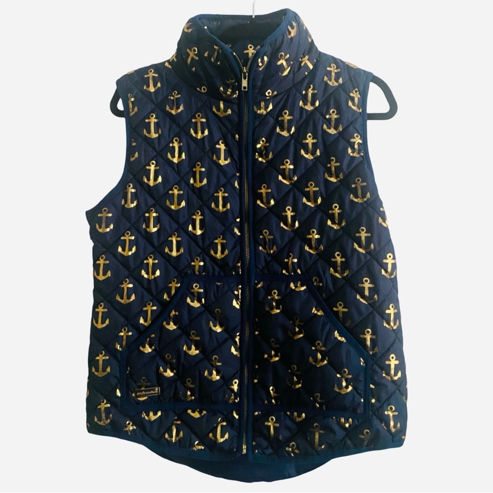 Simply Southern Women’s Puffer Vest Medium Navy Blue Nautical Boat Anchors Zip